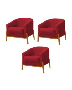 Kit 3 Poltronas Living Base em Madeira Maciça Flórida Veludo Vermelho